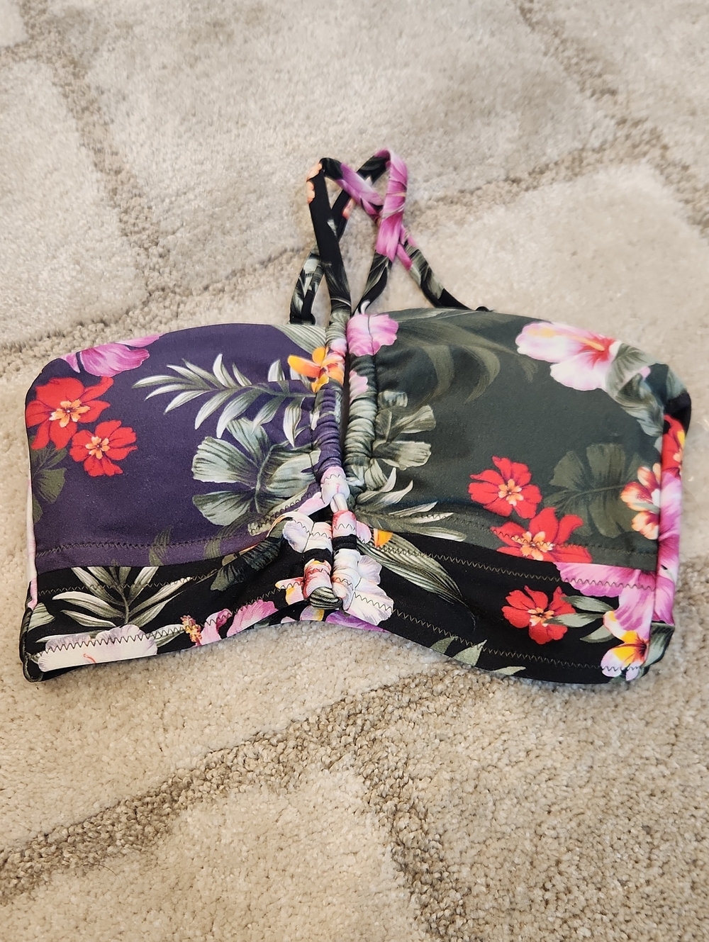 Bar III Floral Bandeau Bikini Top - Black, Purple & Red